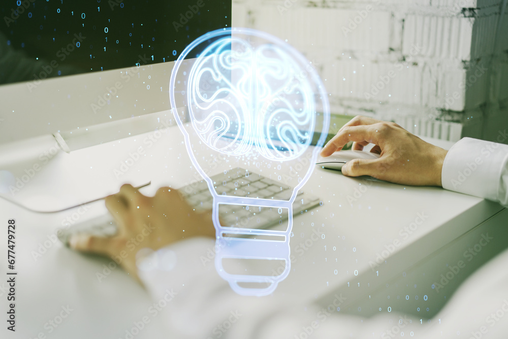 Poster Creative light bulb with human brain hologram and with hands typing on computer keyboard on background, artificial Intelligence and neural networks concept. Multiexposure