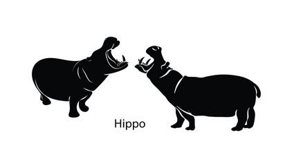 Two hippos fighting, Hippo silhouette, Hippo Vector illustration, Hippopotamus isolated on white background