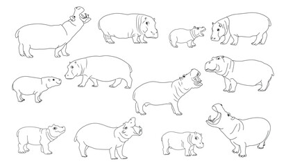 Line art Hippo in different poses flat set for web design. Cartoon wild creature white background vector illustration collection. African animals, zoo and wildlife concept