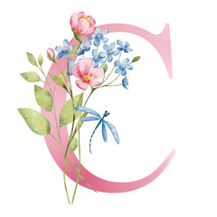 Pink letter C with watercolor flowers and leaves. Floral alphabet, monogram initials perfectly for birthday, wedding invitations, greeting card, logo, poster and other design. Hand painting.