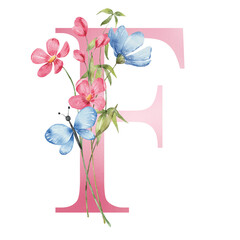Pink letter F with watercolor flowers and leaves. Floral alphabet, monogram initials perfectly for birthday, wedding invitations, greeting card, logo, poster and other design. Hand painting.