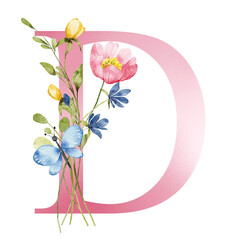 Pink letter D with watercolor flowers and leaves. Floral alphabet, monogram initials perfectly for birthday, wedding invitations, greeting card, logo, poster and other design. Hand painting.