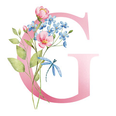 Pink letter G with watercolor flowers and leaves. Floral alphabet, monogram initials perfectly for birthday, wedding invitations, greeting card, logo, poster and other design. Hand painting.