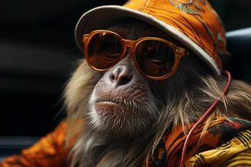 Zelfklevend Fotobehang Portrait at 35mm hyperrealistic hd format of  big nose monkey at the photographic quality wearing rastaman hat sunglassespo © KAL'VAN