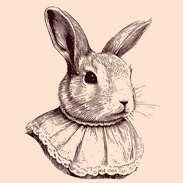 Rabbit in dress retro portrait sketch hand drawn illustration