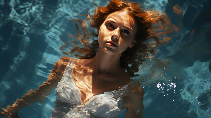 A woman in a white dress is floating in a pool