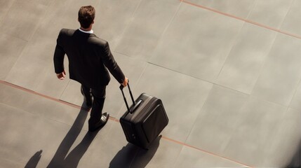 aerial topview businesman walking with suitcase luggage walking in airport terminal walkway outdoor daytime business transporation ideas concept - obrazy, fototapety, plakaty