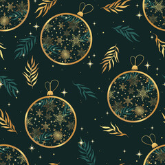 Christmas green seamless pattern with christmas balls. Golden snowflakes and plants. Background for wrapping paper, fabric print, greeting cards.