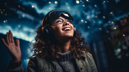 virtual digital cybersapce reality cheerful exited woman wear vr headset while enter to cyberspace experience cyberpunk entertainment technology with light bokeh background - obrazy, fototapety, plakaty