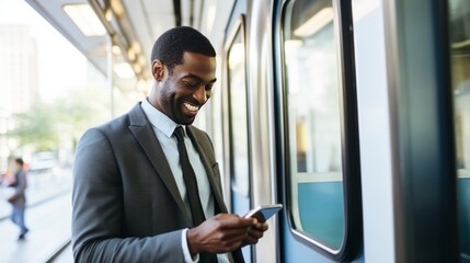 Naklejka premium happiness casual businessman using smartphone text conversation positive emotion facial expression while transport on shuttle bus or train daylight transportation ideas concept