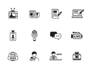 Set of journalism icons with black color on white background. Journalism sign collection