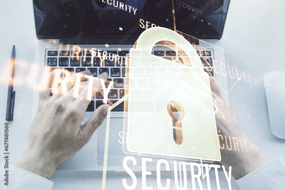 Poster creative idea concept with lock symbol and microcircuit illustration and hands typing on laptop on b