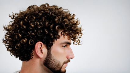 Man with curls on white background - profile view