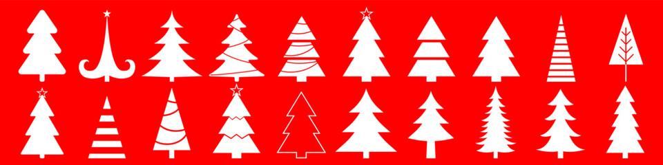 Fototapeta premium Vector set of Christmas trees. Set of Christmas trees on a red background. Silhouettes of trees in white. Vector EPS 10