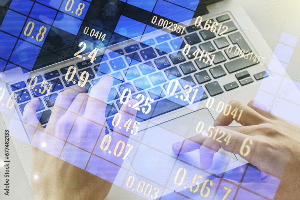 Poster multi exposure of abstract statistics data hologram interface with hands typing on computer keyboard