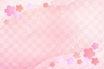 和風ピンクの市松模様と梅の花の背景 年賀状 ひな祭り