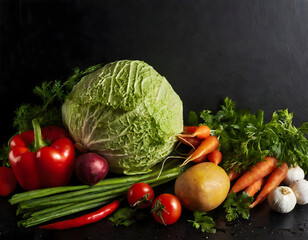 Different fresh vegetables on wooden table