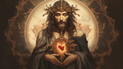 Christ depicted holding an ornate heart, conveying gentle expressions.