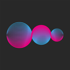 Circular spherical shapes logo from a grid of thin lines scientific technological symbol of three circles, round waves blue pink gradient in cyberpunk style.