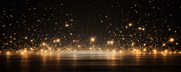 Naklejka premium Golden sparkling lights against a black backdrop, used for tabletop photography.