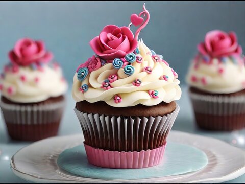 Beautifully Decorated Pink and Blue Rose Cupcakes on a Blue Plate