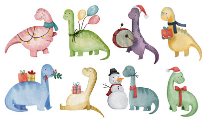Dinosaurs . Christmas theme . Watercolor paint cartoon characters . Isolated . Set 4 of 4 . illustration .