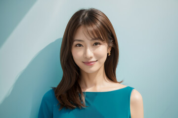 Fototapeta premium 日本人女性ブルーの背景広告用