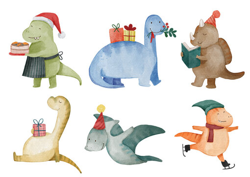 Dinosaurs . Christmas theme . Watercolor paint cartoon characters . Isolated . Set 1 of 4 . illustration .