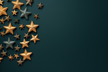 Christmas background with stars in green and gold colors view with copy space