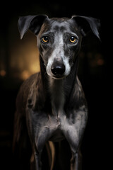 Obraz na płótnie Canvas Portrait of a greyhound dog on a black background in the dark