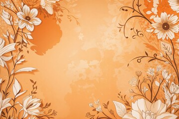 Design elements on a basic orange paper texture background. Background for party, birthday, wedding or graduation invitation card in orange color with floral elements in soft art style. Generative Ai.