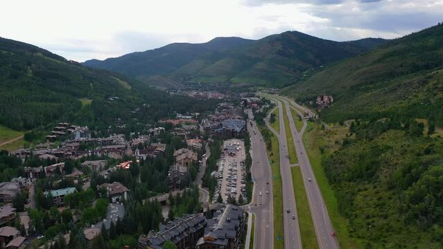 Aerial overview of the Vail town, cloudy, summer day in Colorado, United states