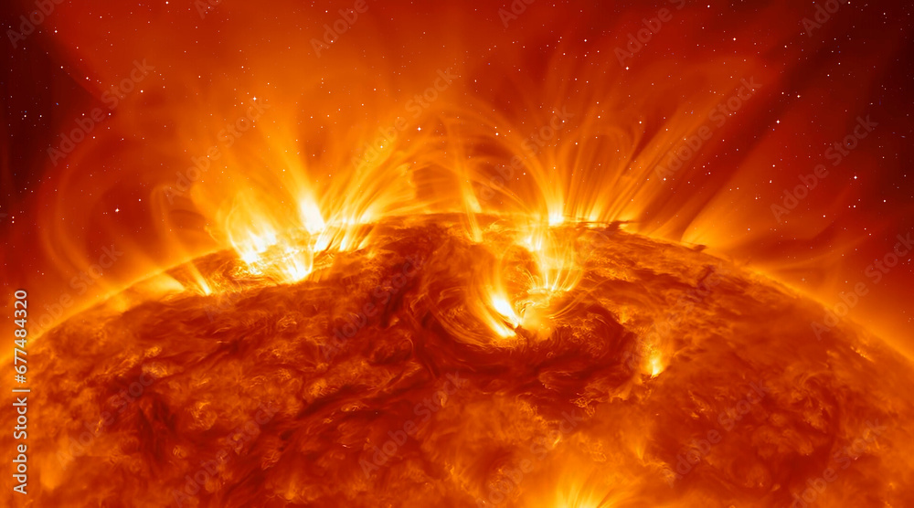 Poster Our star with magnetic storms. Plasma flash on the surface of a our star 