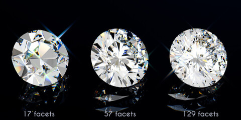Round shaped, variously cut diamonds. Single cut 17 facets, brilliant cut 57 facets, modified cut 129 facets. Side view on black glossy background.