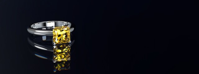 Vivid yellow radiant diamond ring on black glossy background. Wide image.