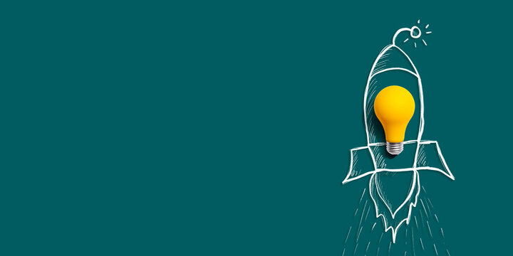 Idea light bulb flying to the sky like a rocket - Flat lay