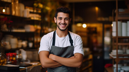 Portrait of smiling male barista standing with arms crossed in coffee shop