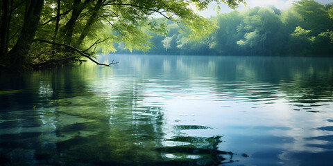 The river in the forest with the sun shining on the trees, "Sunbeams on Water: Tranquil Forest River"