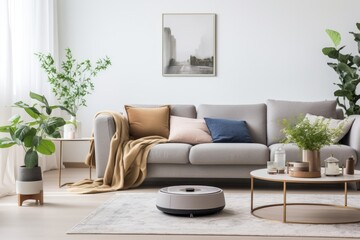 Robotic vacuum cleaner on a floor in cozy modern living room. Generative AI