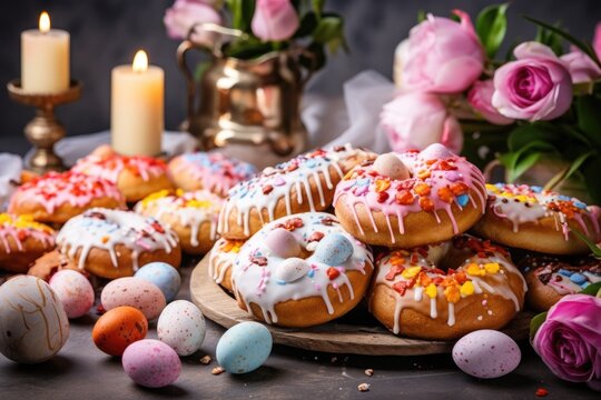 Easter pastries and colorful painted eggs. Traditional easter spring holiday food. Generative AI