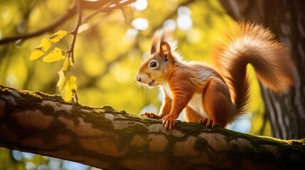 Naklejka na ściany i meble Squirrel sitting on a tree branch. Generative AI
