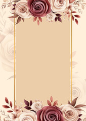 Red and beige vector frame with foliage pattern background with flora and flower
