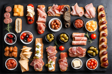 Mix of different snacks and appetizers.