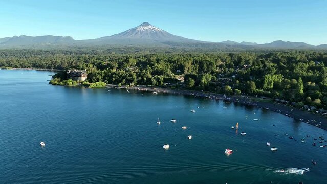 Aerial over Villarrica Lake Hotel Bay to the Volcano Mountain, Chile