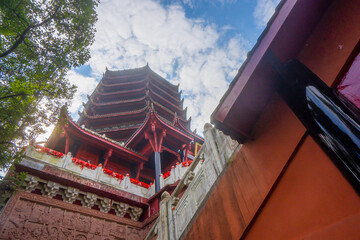 Mount Qingcheng , sacred Taoist mountain in Dujiangyan during early autumn at Dujiangyan Sichuan ,...