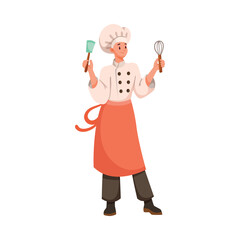 Man Chef Character in Uniform with Spatula and Whisk in Restaurant Cooking Meal Vector Illustration