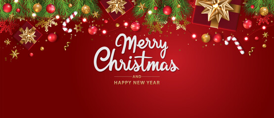 Merry Christmas and happy new year background. Christmas letters, Gift boxes, Christmas balls. Christmas element for web, banners, greeting card, template design. Vector EPS10. - obrazy, fototapety, plakaty