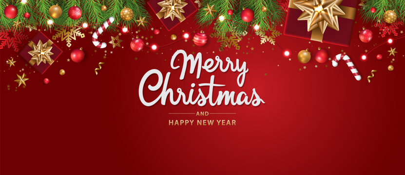 Merry Christmas and happy new year background. Christmas letters, Gift boxes, Christmas balls. Christmas element for web, banners, greeting card, template design. Vector EPS10.