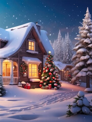 Obraz premium Cozy wooden house in mountains at night with christmas trees and gifts in winter in the snow with Christmas decor - holiday card