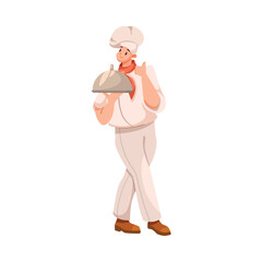 Man Chef Character in Uniform Hold Tray in Restaurant Cooking Meal Vector Illustration